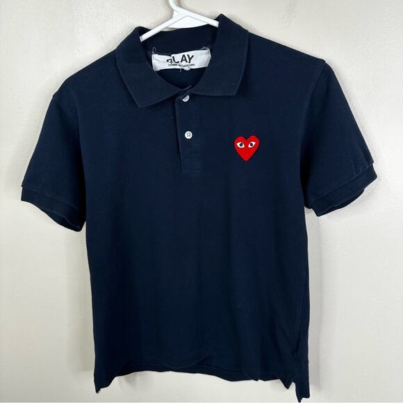 Commes De Garcons PLAY Heart Logo Patch Polo Shirt Womens Small Navy Blue Cotton - Picture 2 of 7